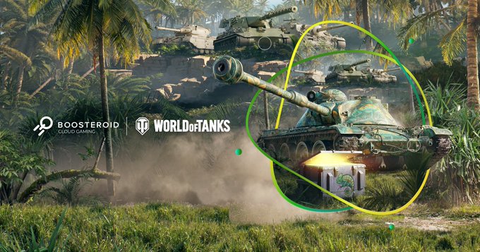Tanks in a jungle setting with "Boosteroid Cloud Gaming" and "World of Tanks" logos in the foreground.