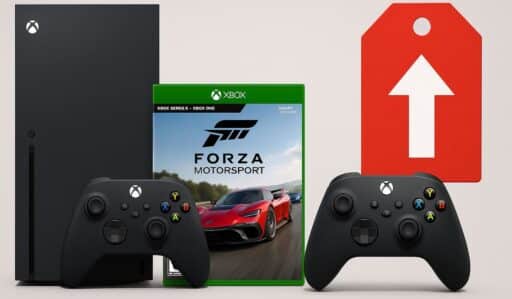 Xbox console, two controllers, Forza Motorsport game, and a red tag with a white upward arrow highlight the recent Xbox console and game price increase.