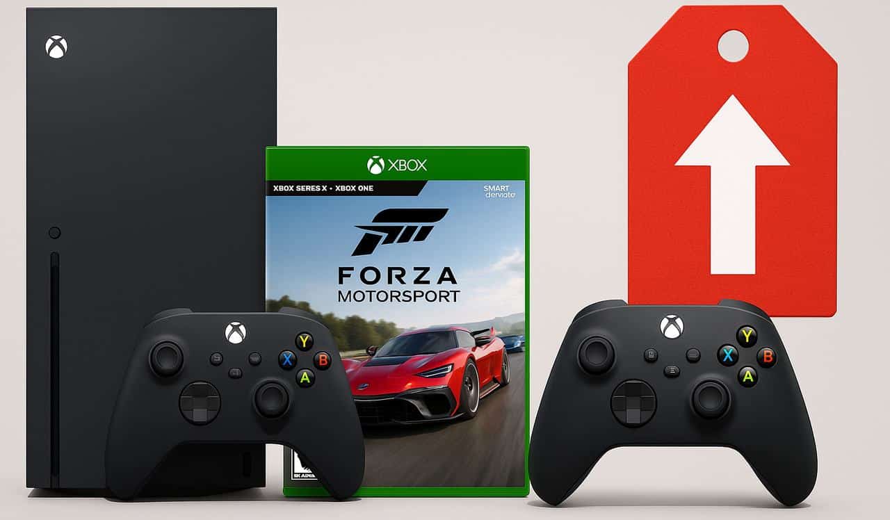 Xbox console, two controllers, Forza Motorsport game, and a red tag with a white upward arrow highlight the recent Xbox console and game price increase.