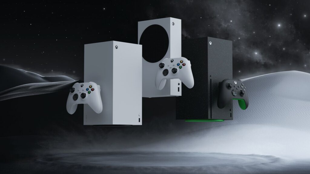 Three Xbox consoles and controllers float above a foggy landscape with a starry sky in the background, hinting at adventure ahead—even as Xbox console and game price increase discussions loom.