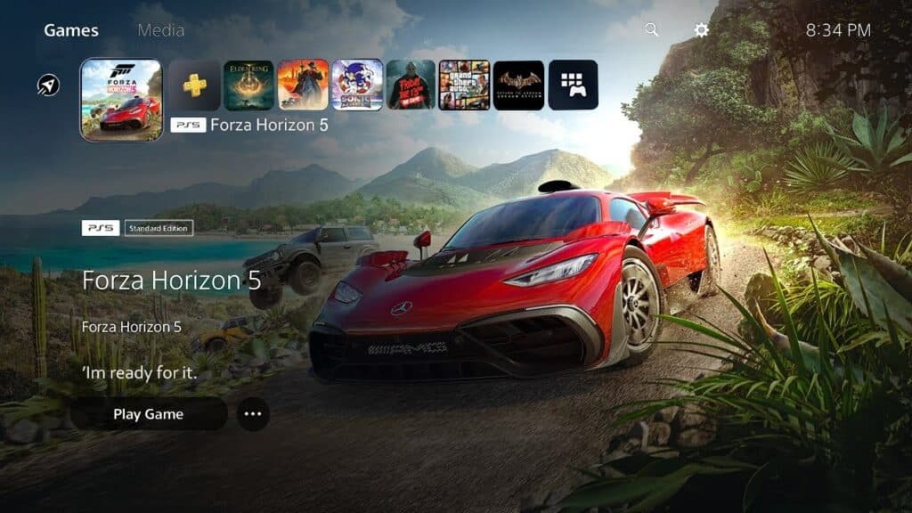 PlayStation home screen displaying Forza Horizon 5 with a red sports car on a dirt road near lush mountains—an exciting sight as Xbox Q3 FY25 gaming revenue surges.