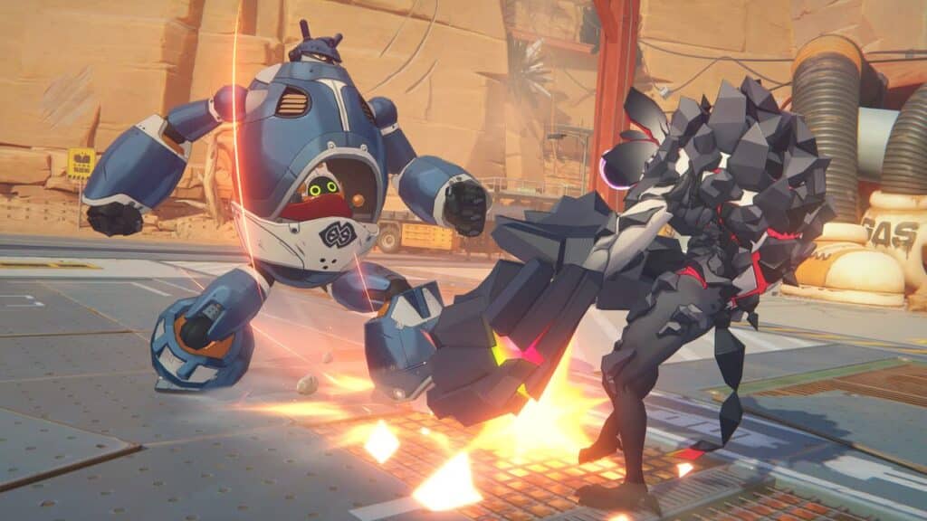 A blue robot and a black spiked creature battle in a futuristic desert arena, sparks flying from the ground—an epic scene inspired by Zenless Zone Zero Season 2.
