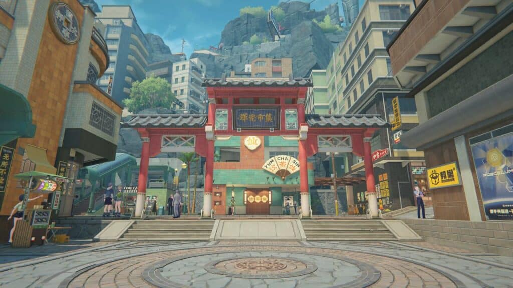 A vibrant city gate with shops and tall buildings, set against a rocky, hilly background under a blue sky, captures the dynamic energy of Zenless Zone Zero Season 2.