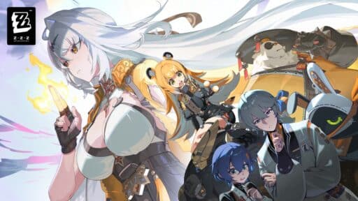 Anime-style characters with colorful outfits and a robotic dog from Zenless Zone Zero Season 2 pose dynamically against a bright background.