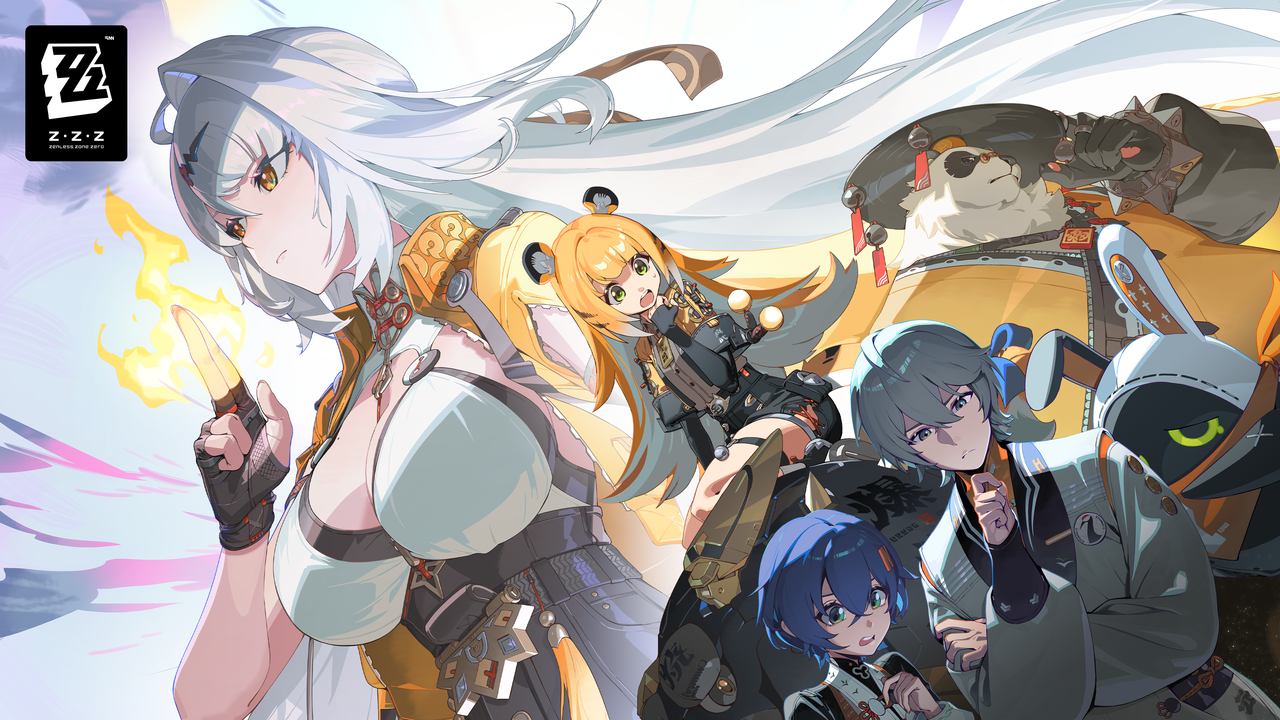 Anime-style characters with colorful outfits and a robotic dog from Zenless Zone Zero Season 2 pose dynamically against a bright background.
