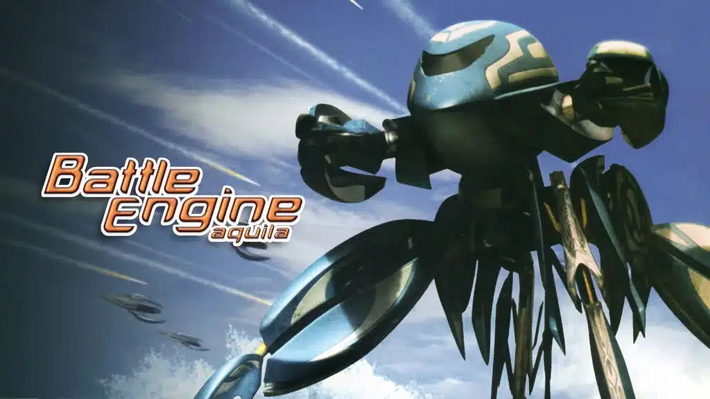 A futuristic robot stands under a blue sky next to the Battle Engine Aquila game title logo.