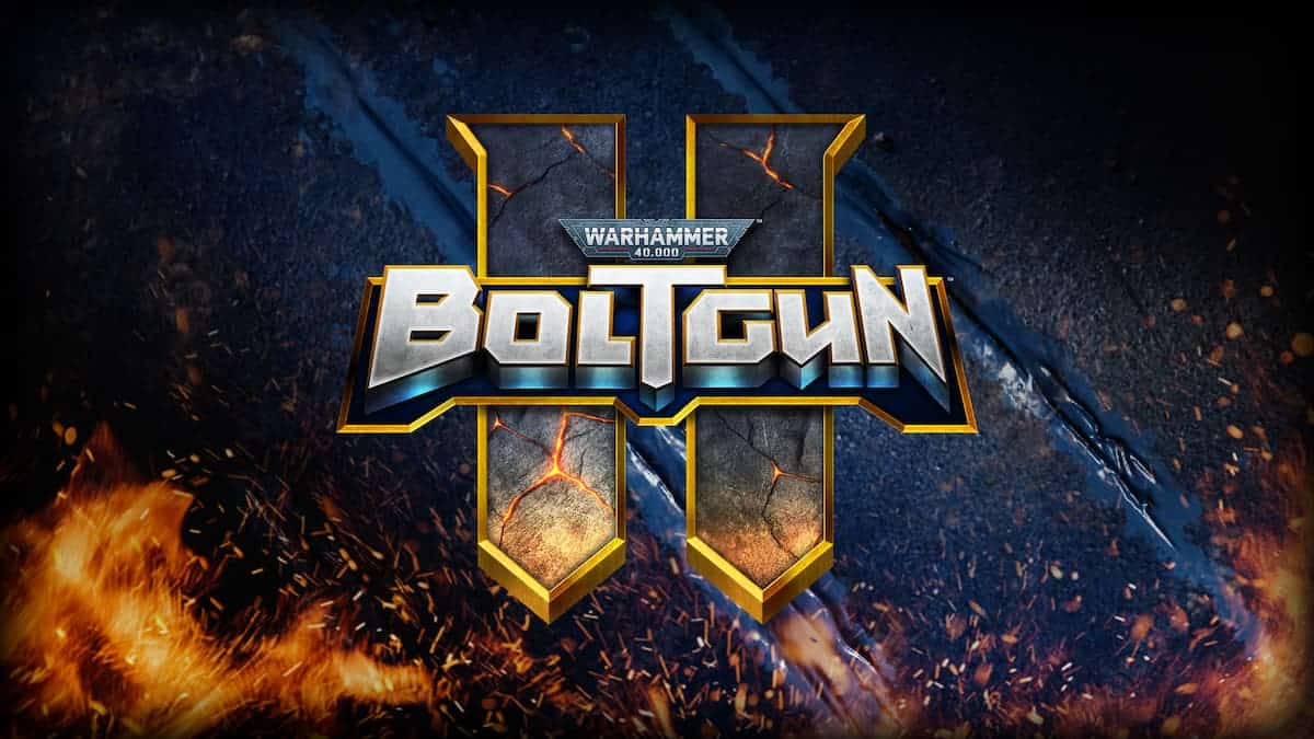 Warhammer 40,000: Boltgun logo with fiery and cracked metallic background.