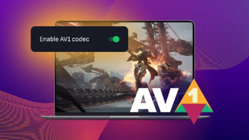 A laptop screen with a game scene, “Enable AV1 codec” toggle, and an AV1 logo on a colorful background.