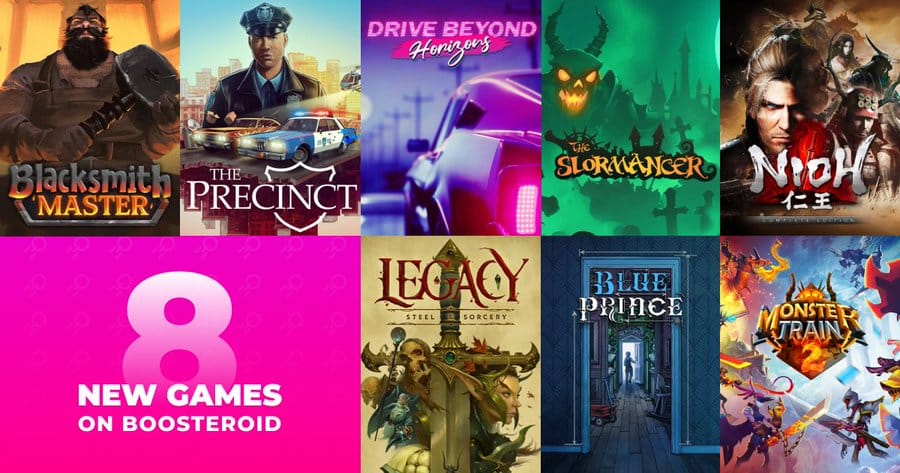 A grid showing covers of eight video games with text: "8 new games on Boosteroid.