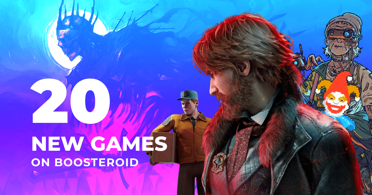 A vibrant graphic with "20 New Games on Boosteroid" and various game characters on a blue and purple background.