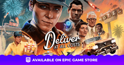 A vintage-style collage shows a delivery man, classic cars, fireworks, and “Deliver at All Costs” text.