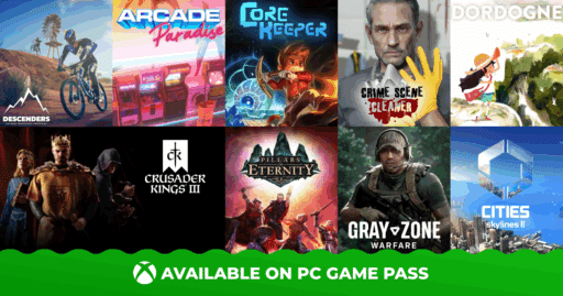 Collage of PC Game Pass games, including Descenders, Core Keeper, Crusader Kings III, and more.