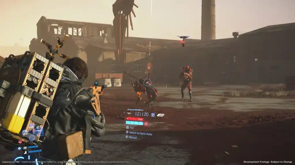 Death Stranding 2 Sam with a large backpack aims a gun at armed enemies in a dystopian industrial setting.