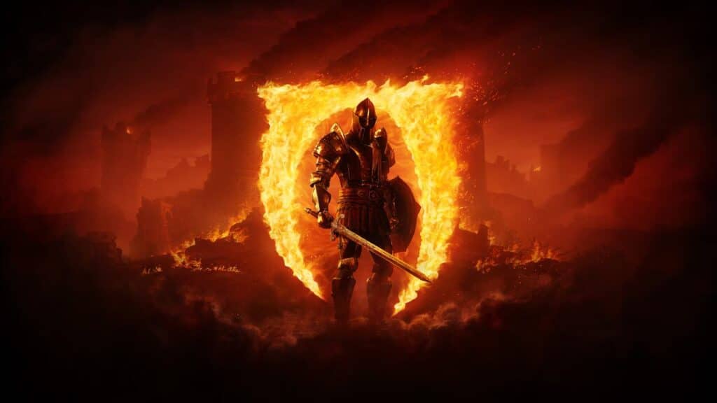 A knight with a glowing sword stands before a fiery shield amid burning ruins and smoke, reminiscent of the epic scenes found in Canada’s top-selling games April 2025.