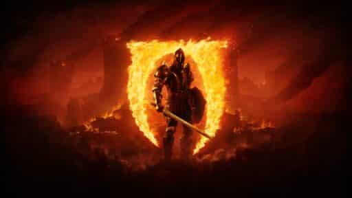 A knight with a glowing sword stands before a fiery shield amid burning ruins and smoke, reminiscent of the epic scenes found in Canada’s top-selling games April 2025.