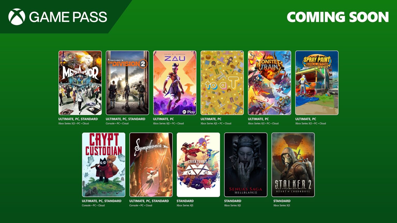 Xbox Game Pass graphic showing covers of games coming soon, including The Division 2, Monster Train, and others.