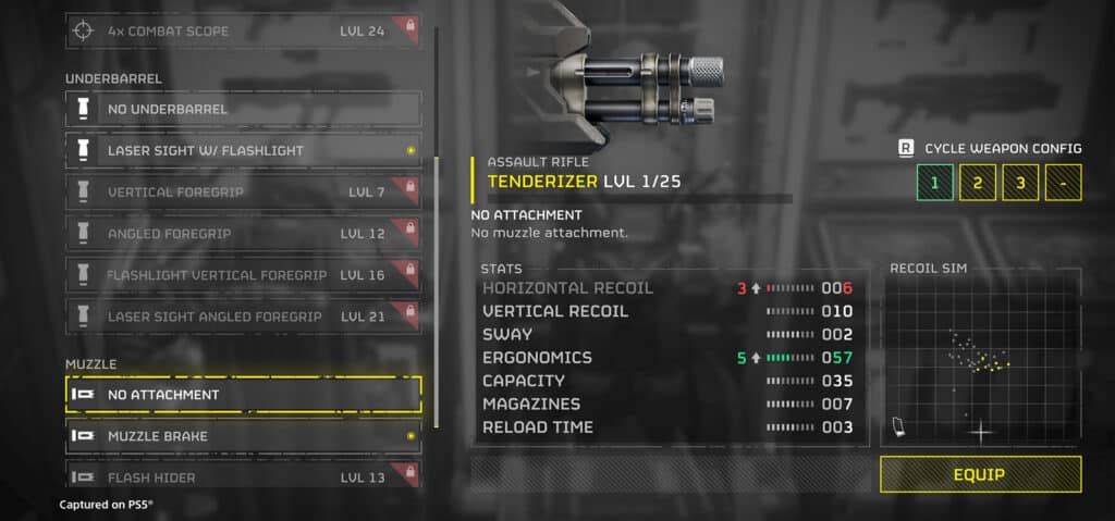 Game weapon customization screen showing assault rifle stats and muzzle attachment options, with "No Attachment" selected.