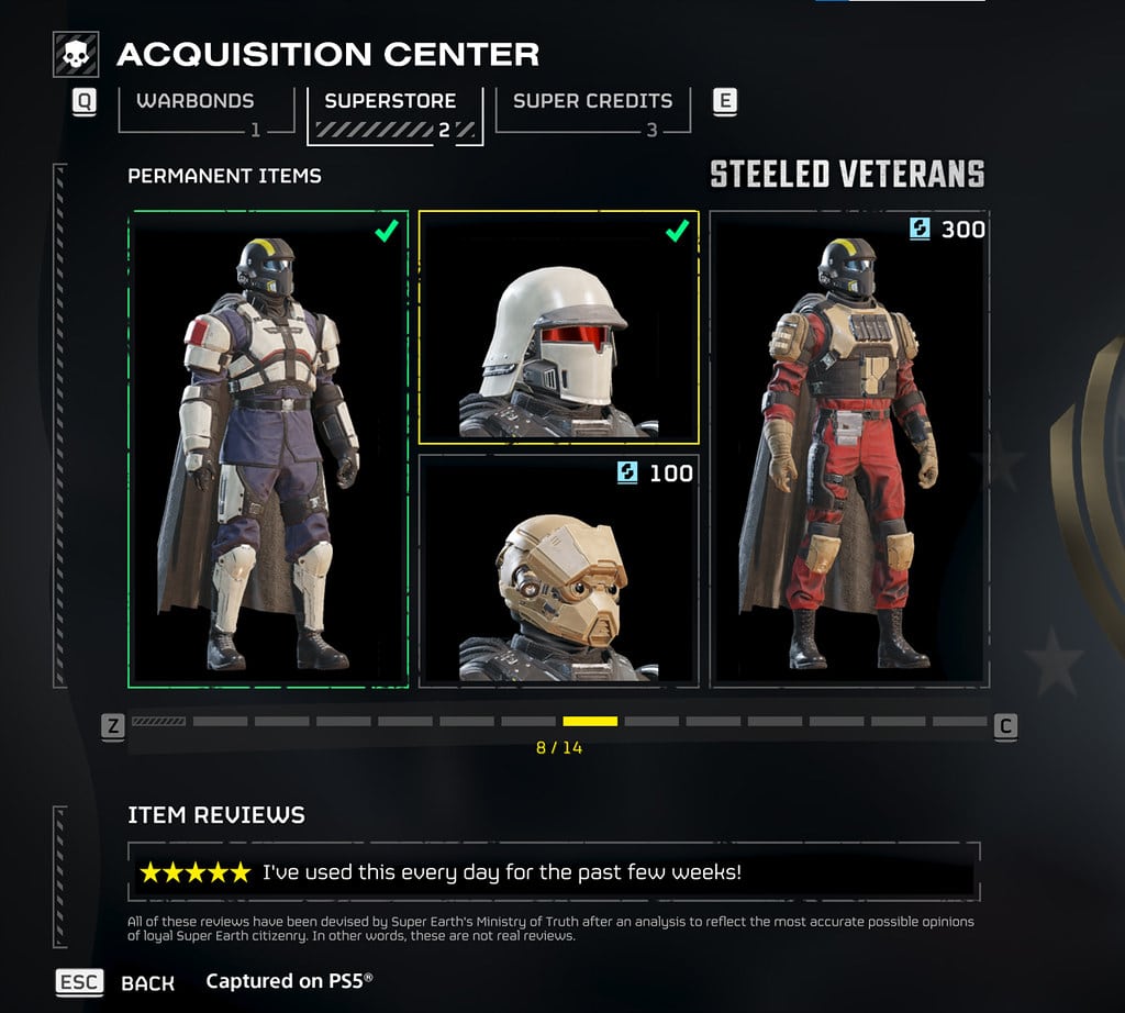Three armored sci-fi soldiers and two helmets are displayed as unlockable items in a video game menu.