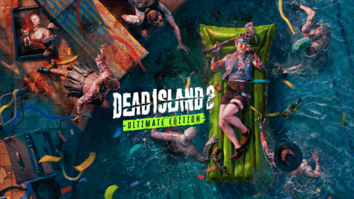 A woman with weapons lounges on a pool float, surrounded by zombies in a chaotic pool scene. Text: Dead Island 2.
