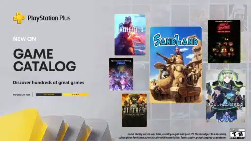 PlayStation Plus Game Catalog update featuring Sand Land, Battlefield V, Soul Hackers 2, and more game covers.