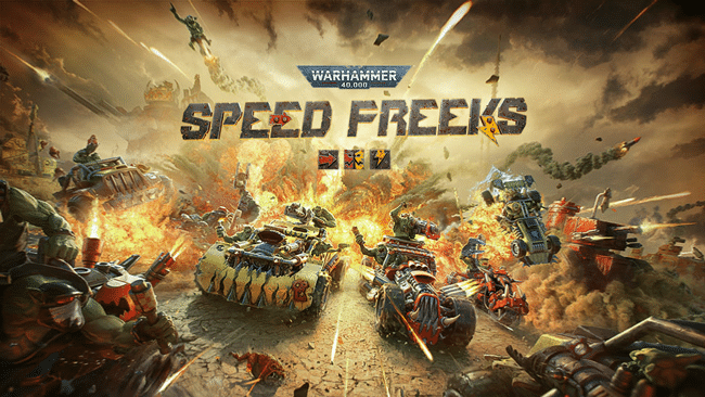 Orks in armored vehicles race and battle amid explosions in the Warhammer 40,000: Speed Freeks game artwork.