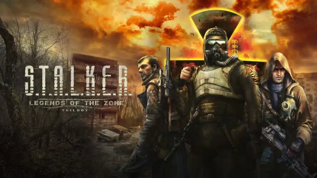 Three armed figures in post-apocalyptic gear stand before a fiery sky and radioactive danger sign.