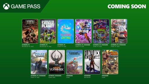 Xbox Game Pass "Coming Soon" titles, showing 10 game covers in a grid on a green background.
