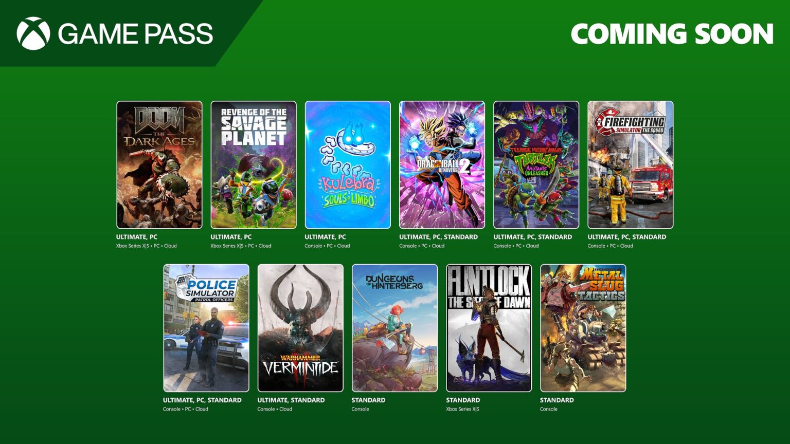 Xbox Game Pass "Coming Soon" titles, showing 10 game covers in a grid on a green background.