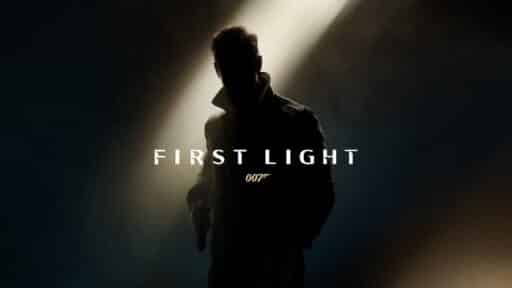 Silhouette of a man holding a gun under a spotlight, with "007 First Light" boldly displayed in the center.