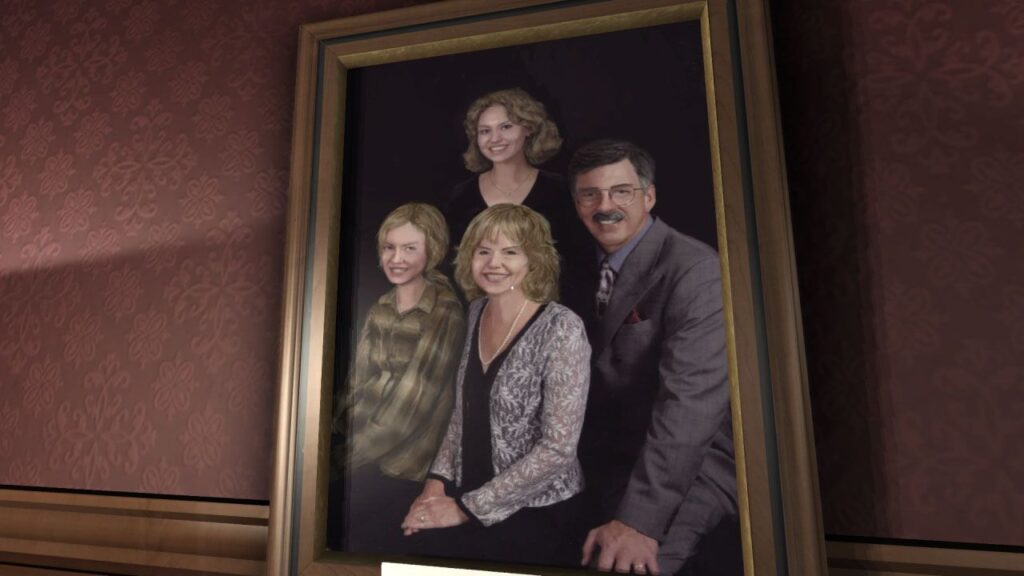 A framed family portrait of four people posed and smiling against a dark background—perfect wall art for your game room, especially during an Xbox games sale.