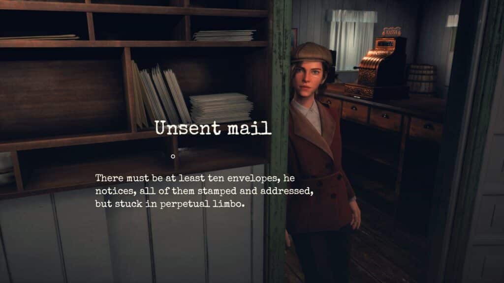 A person in a coat and hat stands by shelves of unsent mail, while a sign nearby announces an Xbox games sale alongside stacks of stamped, unmailed envelopes.
