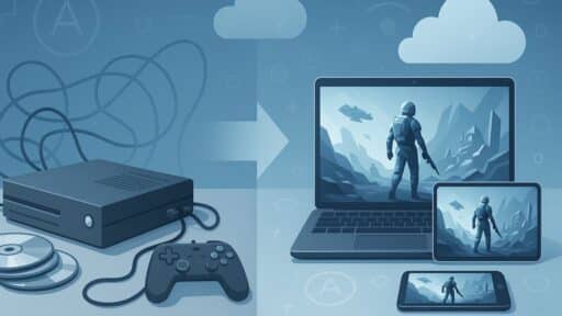 A gaming console, controller, and discs transition to a laptop, tablet, and phone with the same game—reflecting 2025 cloud gaming trends.