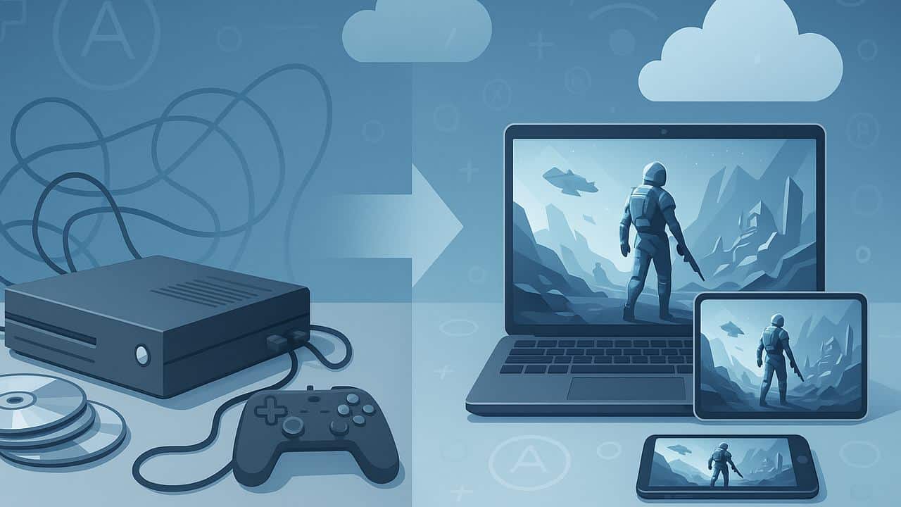 A gaming console, controller, and discs transition to a laptop, tablet, and phone with the same game—reflecting 2025 cloud gaming trends.