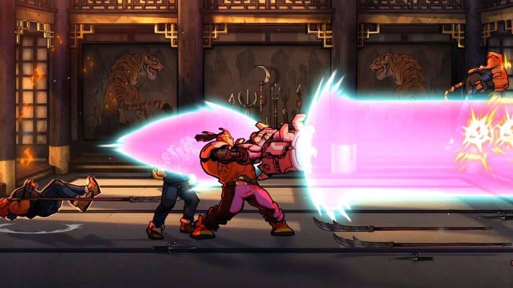 A video game character fires a large pink energy blast at enemies in a dojo decorated with tiger murals—discover thrilling moments like this during the Xbox games sale.
