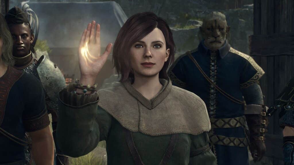 A woman raises her glowing hand, surrounded by armored characters in a medieval fantasy setting—a scene you might discover during an epic Xbox games sale.