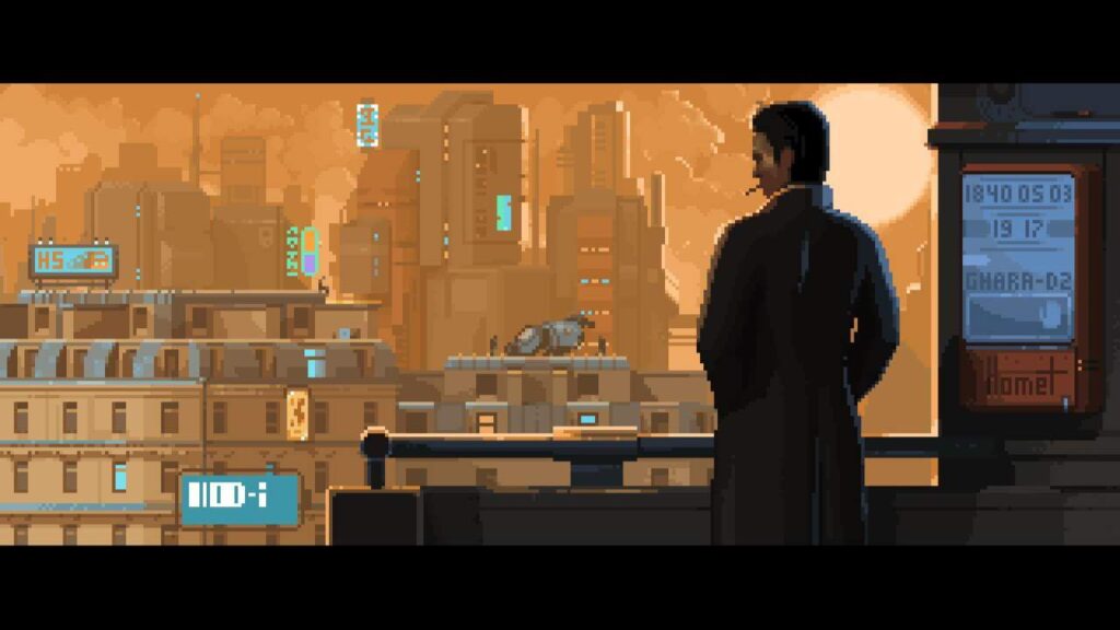 A person in a long coat overlooks a futuristic cityscape with tall buildings and neon signs at sunset, reminiscent of scenes from your favorite Xbox games sale adventures.