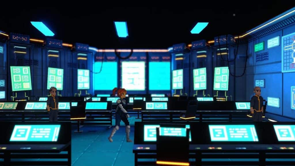 Pixel art control room with glowing screens, three people, and blue ambient lighting—perfect for fans tracking the latest Xbox games sale.