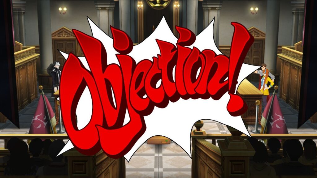 A courtroom scene with a large red "Objection!" graphic in the center, capturing the drama of a classic Xbox game sale.