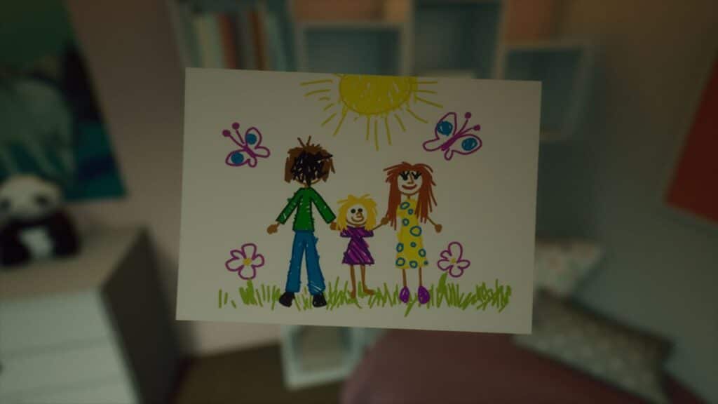 A child's drawing of three people, butterflies, flowers, and a sun is held up in a bedroom, while excitement fills the air about the upcoming Xbox games sale.