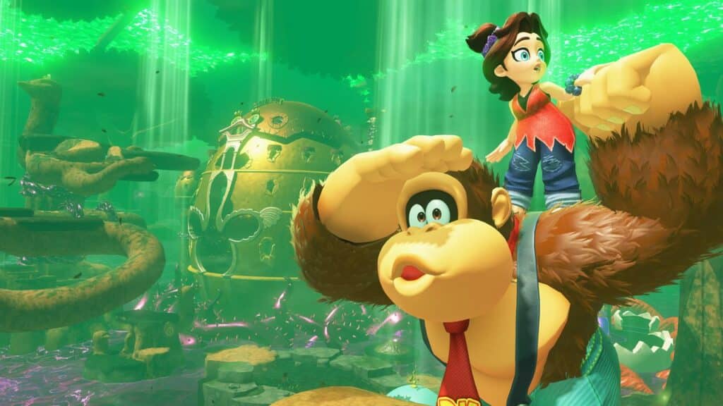 Donkey Kong Bananza Direct: Donkey Kong carries a surprised girl through a vibrant, glowing green jungle with mysterious structures.
