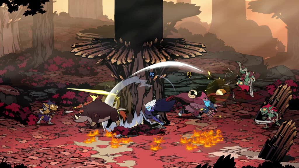 Four animal warriors battle in a vibrant, fiery forest with comic-style action effects and colorful attacks, reminiscent of an Arc System Works Showcase.