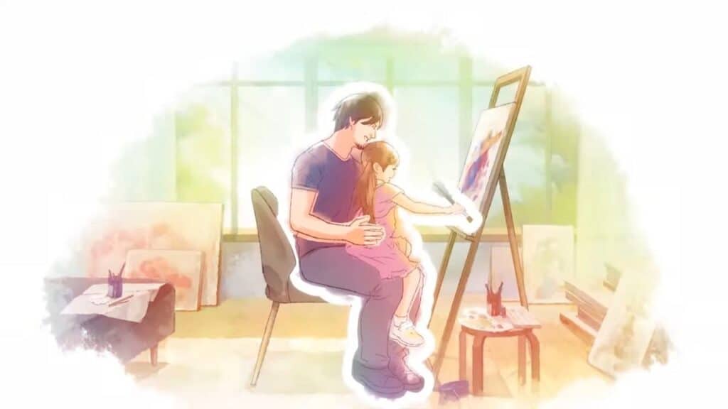 A man and a girl sit together painting on a canvas in a sunlit art studio, their creativity shining as brightly as an Arc System Works Showcase.