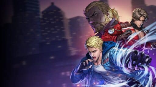 Three animated men pose intensely with city buildings blurred in the background; one punches with a glowing fist, channeling the dynamic style of an Arc System Works Showcase.