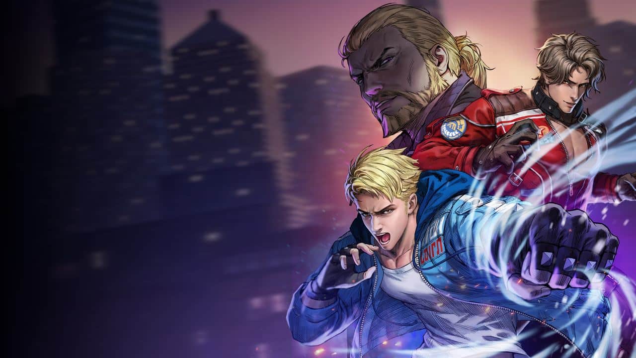 Three animated men pose intensely with city buildings blurred in the background; one punches with a glowing fist, channeling the dynamic style of an Arc System Works Showcase.