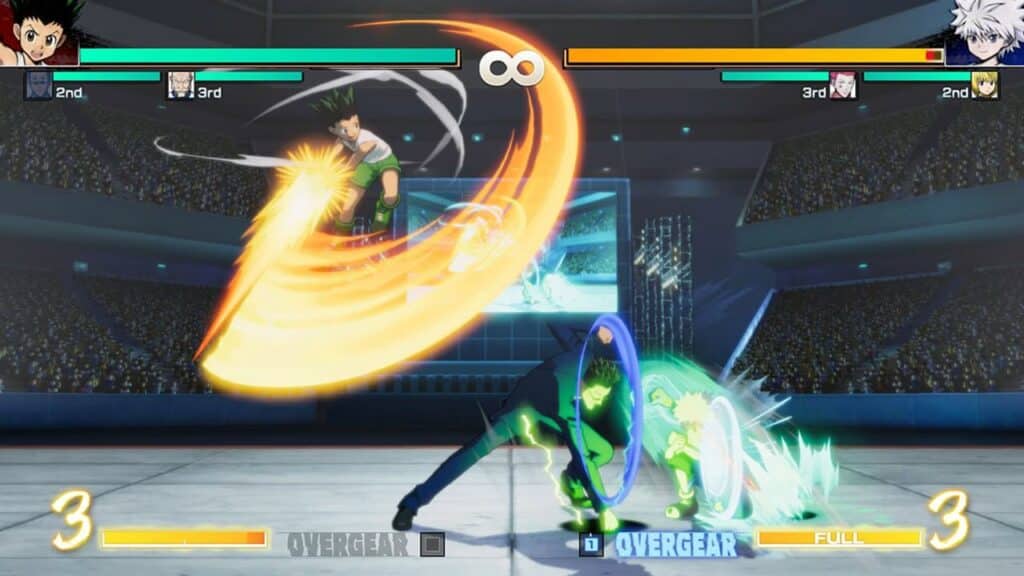Two anime characters battle in a vibrant arena, reminiscent of an Arc System Works Showcase, with bright energy trails highlighting their powerful attacks.
