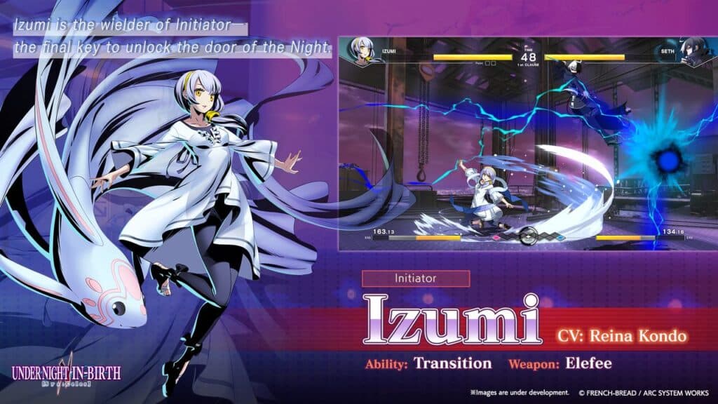Izumi, in white with a floating rabbit, stands left; on the right, a game battle scene unfolds from the Arc System Works Showcase, text overlays.
