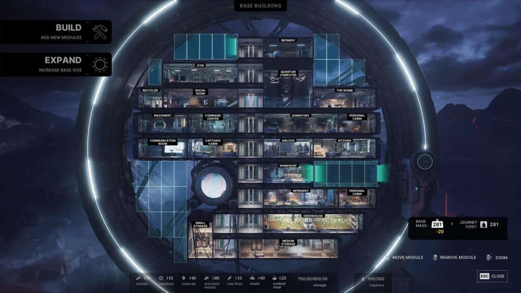 Futuristic circular space station showing labeled rooms and facilities on multiple floors, viewed in a game interface.