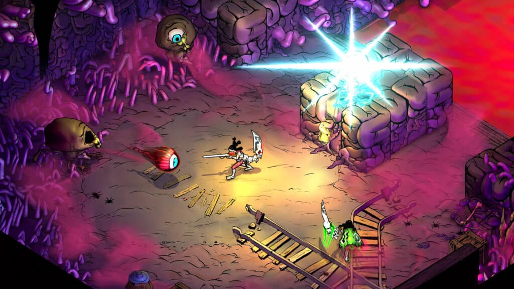 A blighted warrior fights monsters in a colorful, cavernous dungeon with glowing beams and eerie eyes on the walls.