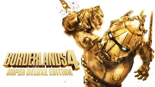 A gold armored figure punches forward next to the text "Borderlands 4 Super Deluxe Edition," highlighting the excitement of Borderlands 4 pre-order.