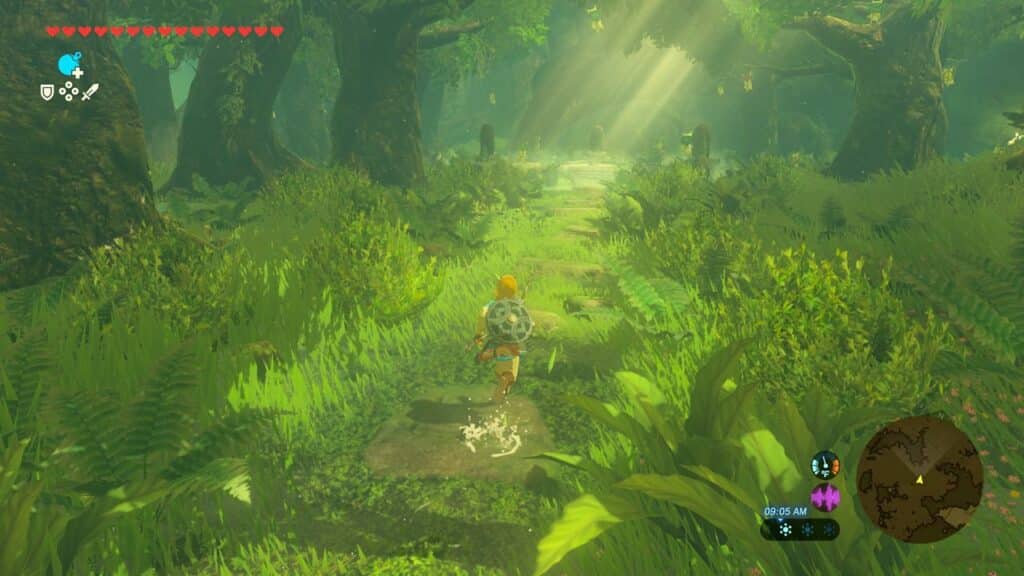 Link walks through a lush, sunlit forest path in The Legend of Zelda: Breath of the Wild Nintendo Switch 2 Edition.